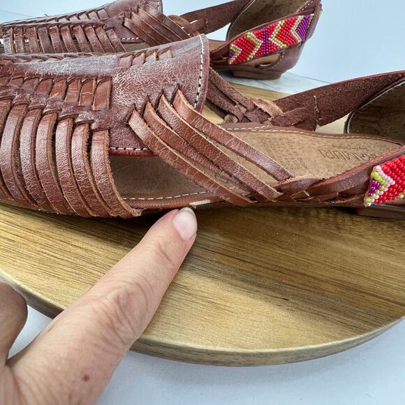 RARAMURI Mexican Beaded Hand Made Leather Woven Cognac Huarache Sandals Size 10 - Picture 9 of 10